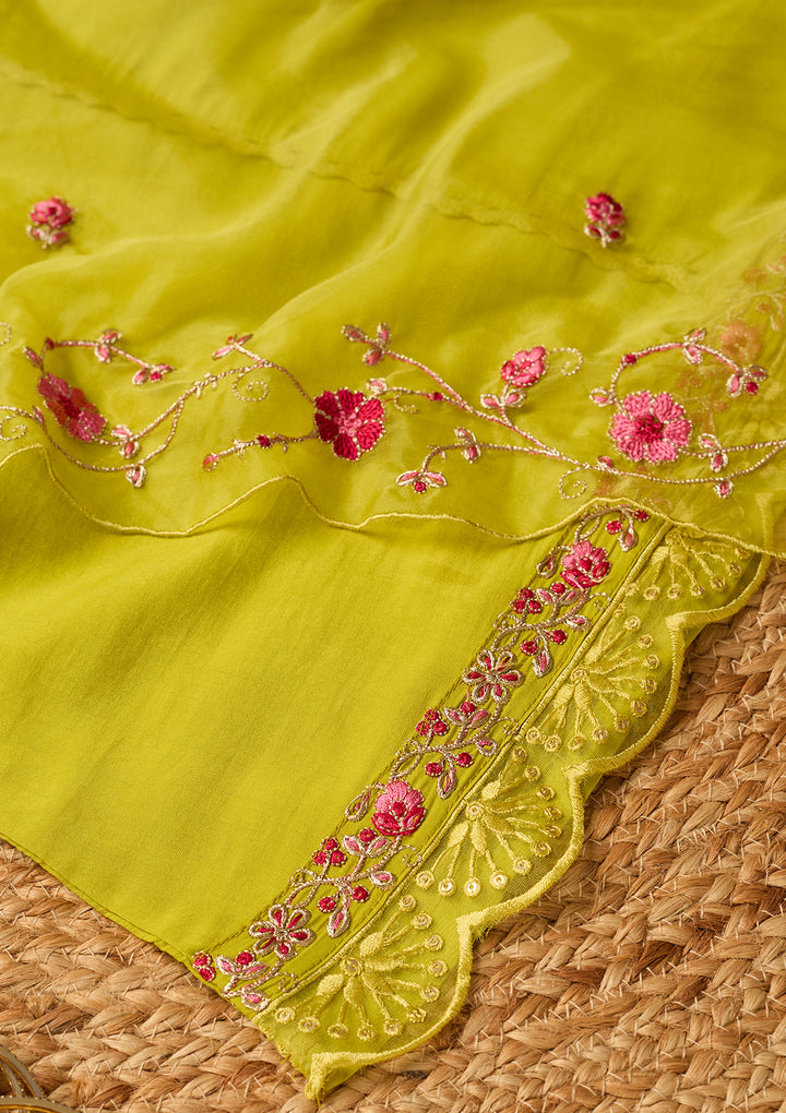 Lime Green Threadwork Chanderi Readymade Salwar Suit
