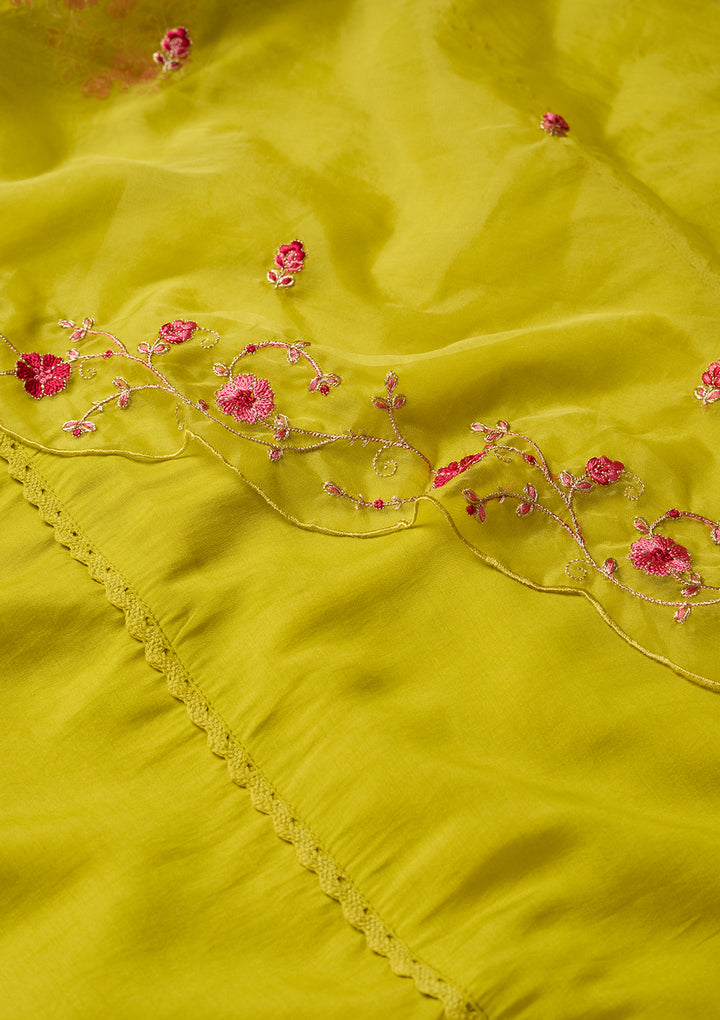 Lime Green Threadwork Chanderi Readymade Salwar Suit