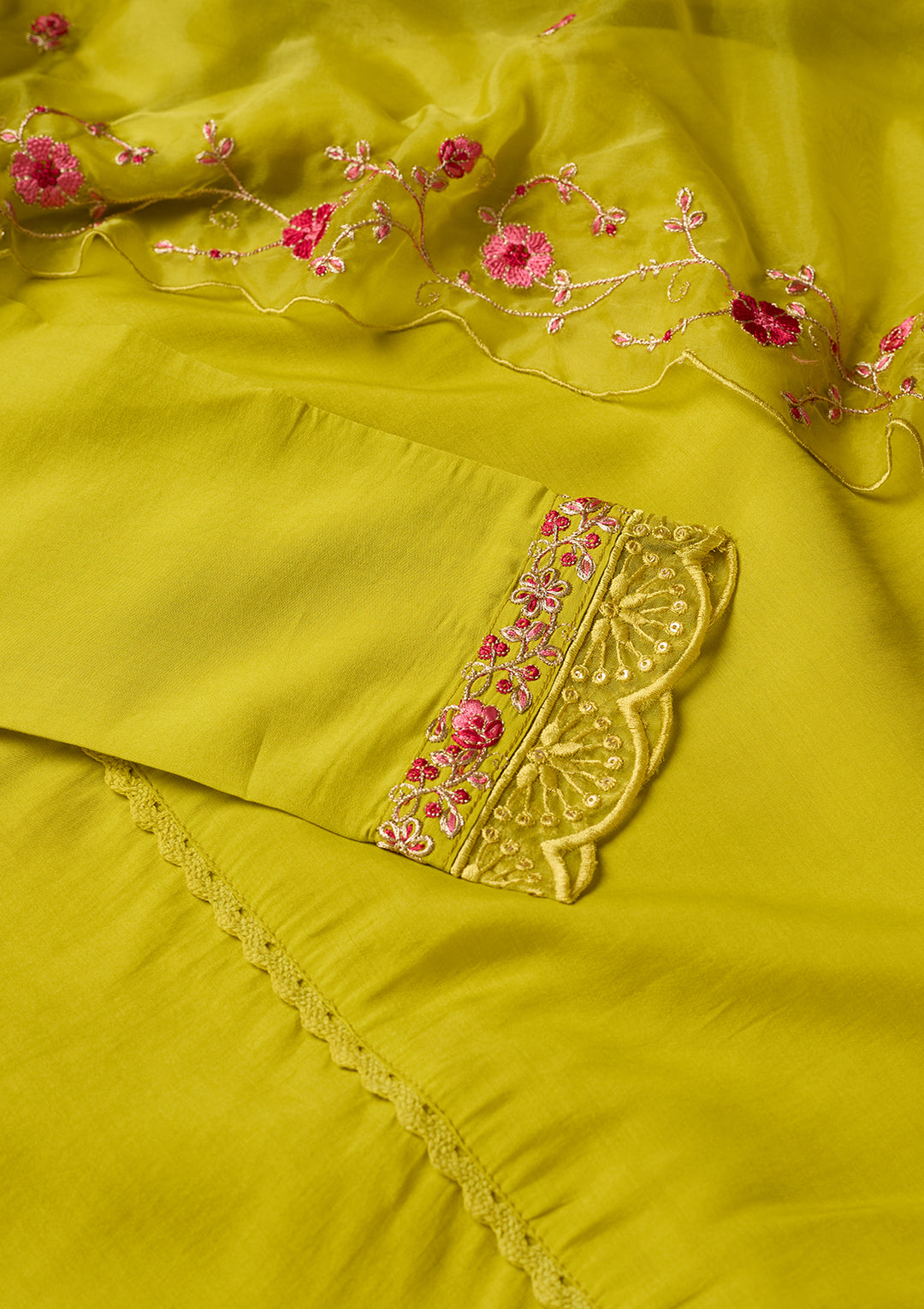 Lime Green Threadwork Chanderi Readymade Salwar Suit