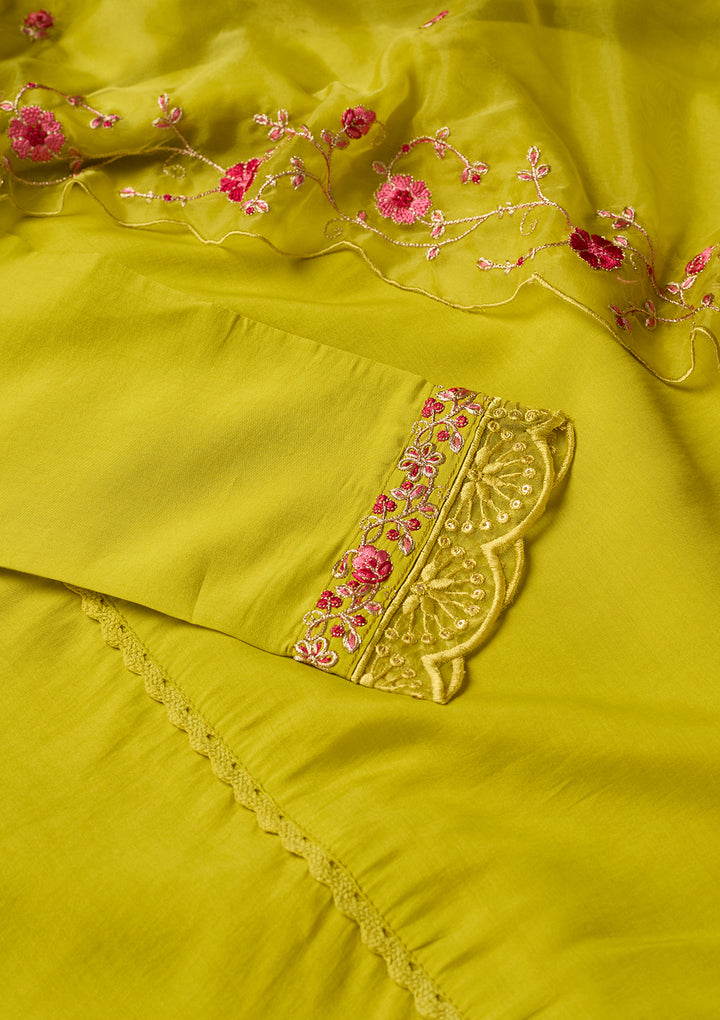 Lime Green Threadwork Chanderi Readymade Salwar Suit
