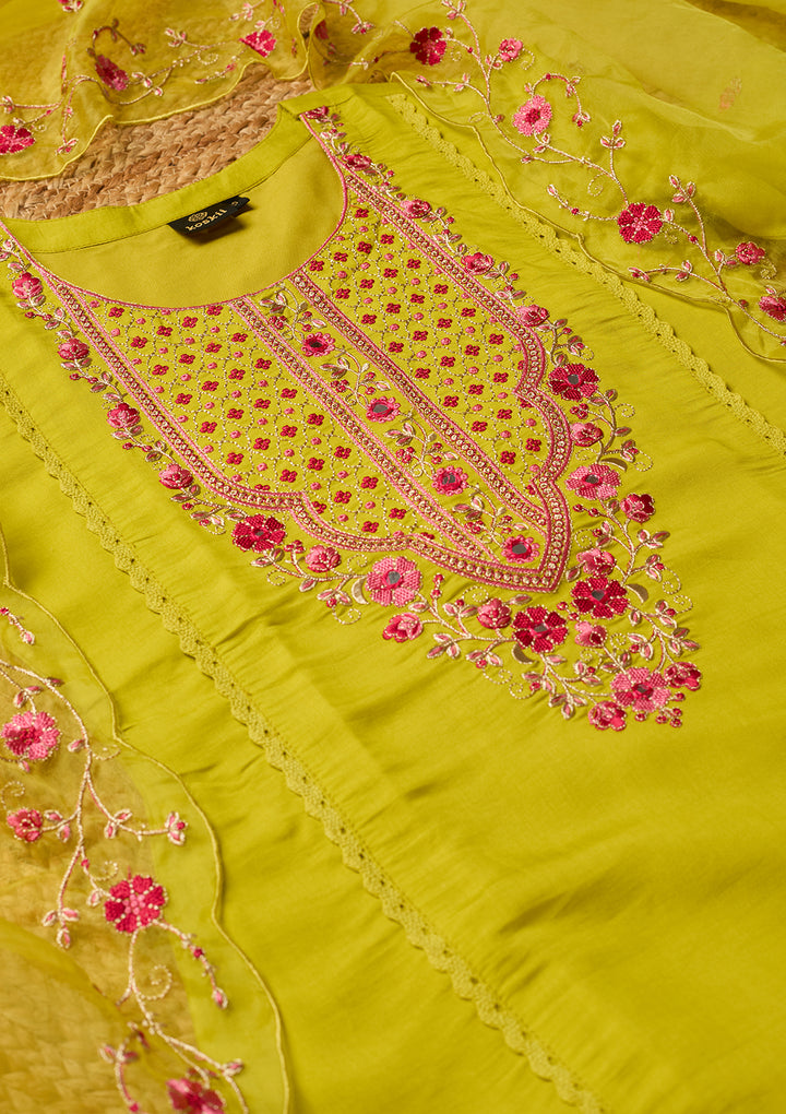 Lime Green Threadwork Chanderi Readymade Salwar Suit