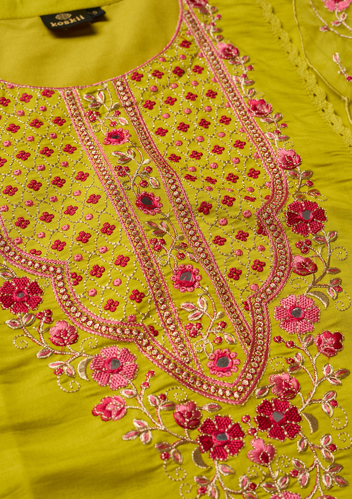 Lime Green Threadwork Chanderi Readymade Salwar Suit