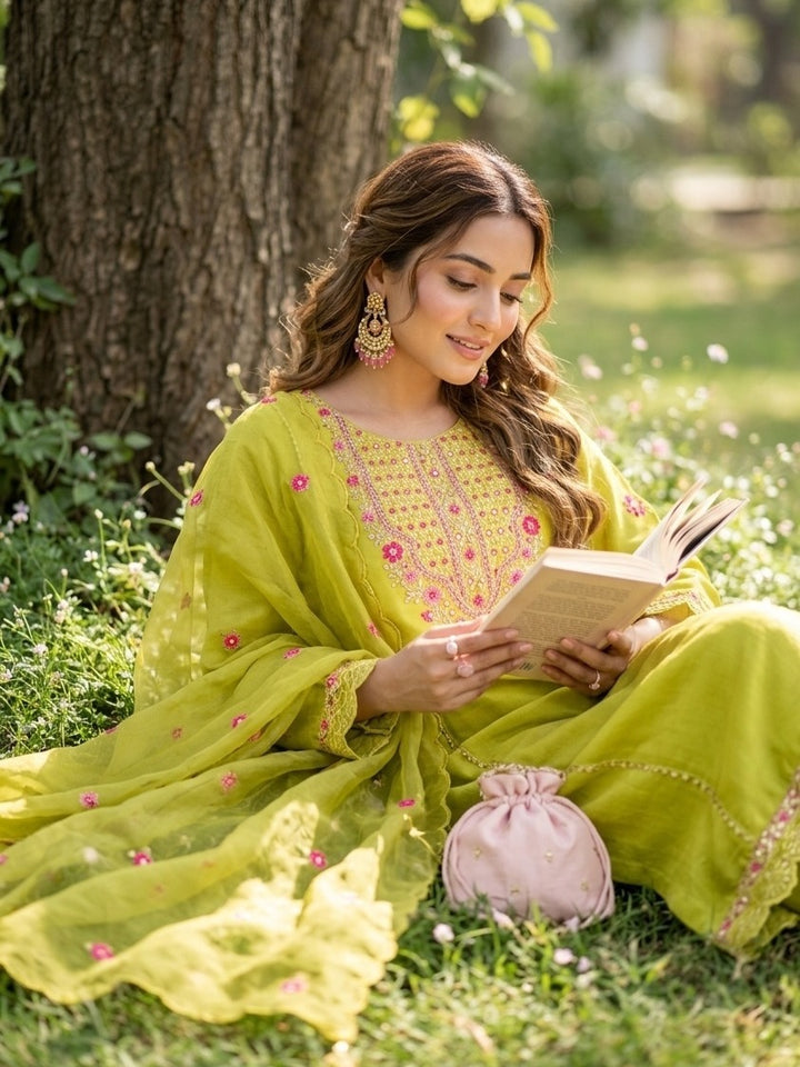 Lime Green Threadwork Chanderi Readymade Salwar Suit