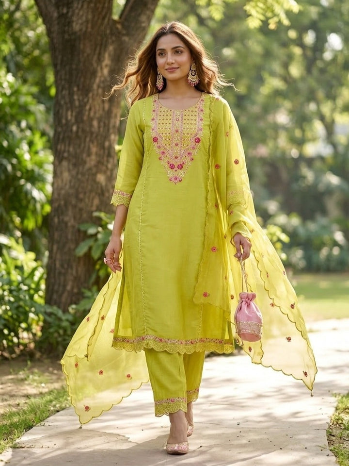 Lime Green Threadwork Chanderi Readymade Salwar Suit