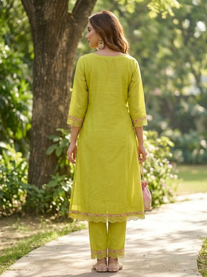 Lime Green Threadwork Chanderi Readymade Salwar Suit