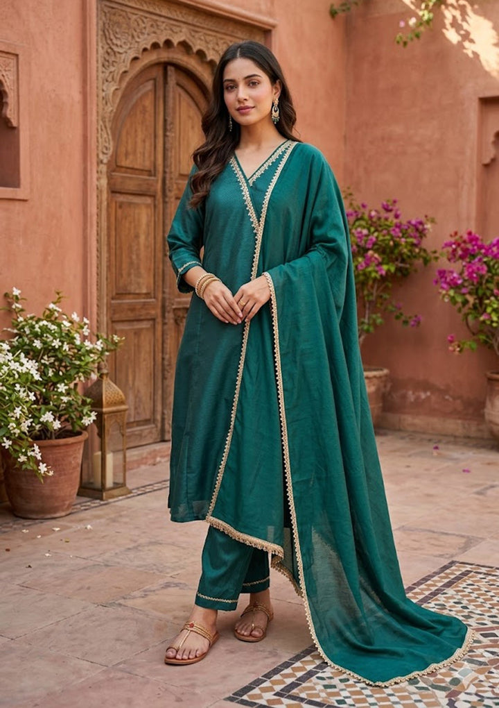 Bottle Green Cording Art Silk Readymade Salwar Suit