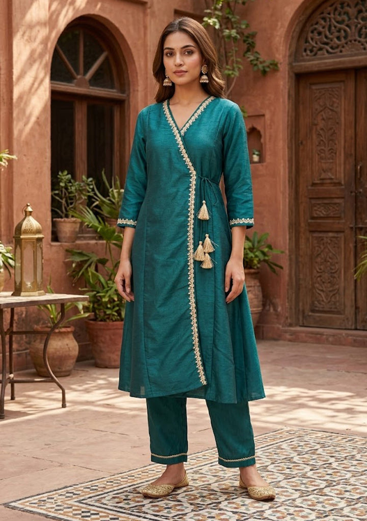 Bottle Green Cording Art Silk Readymade Salwar Suit