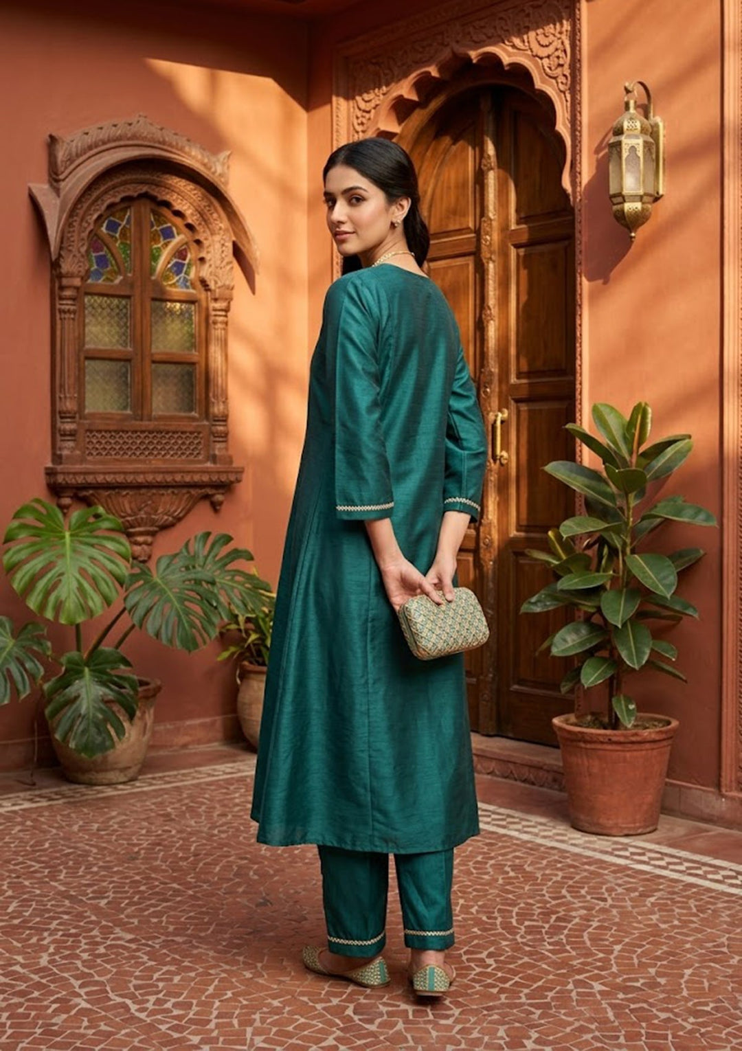 Bottle Green Cording Art Silk Readymade Salwar Suit