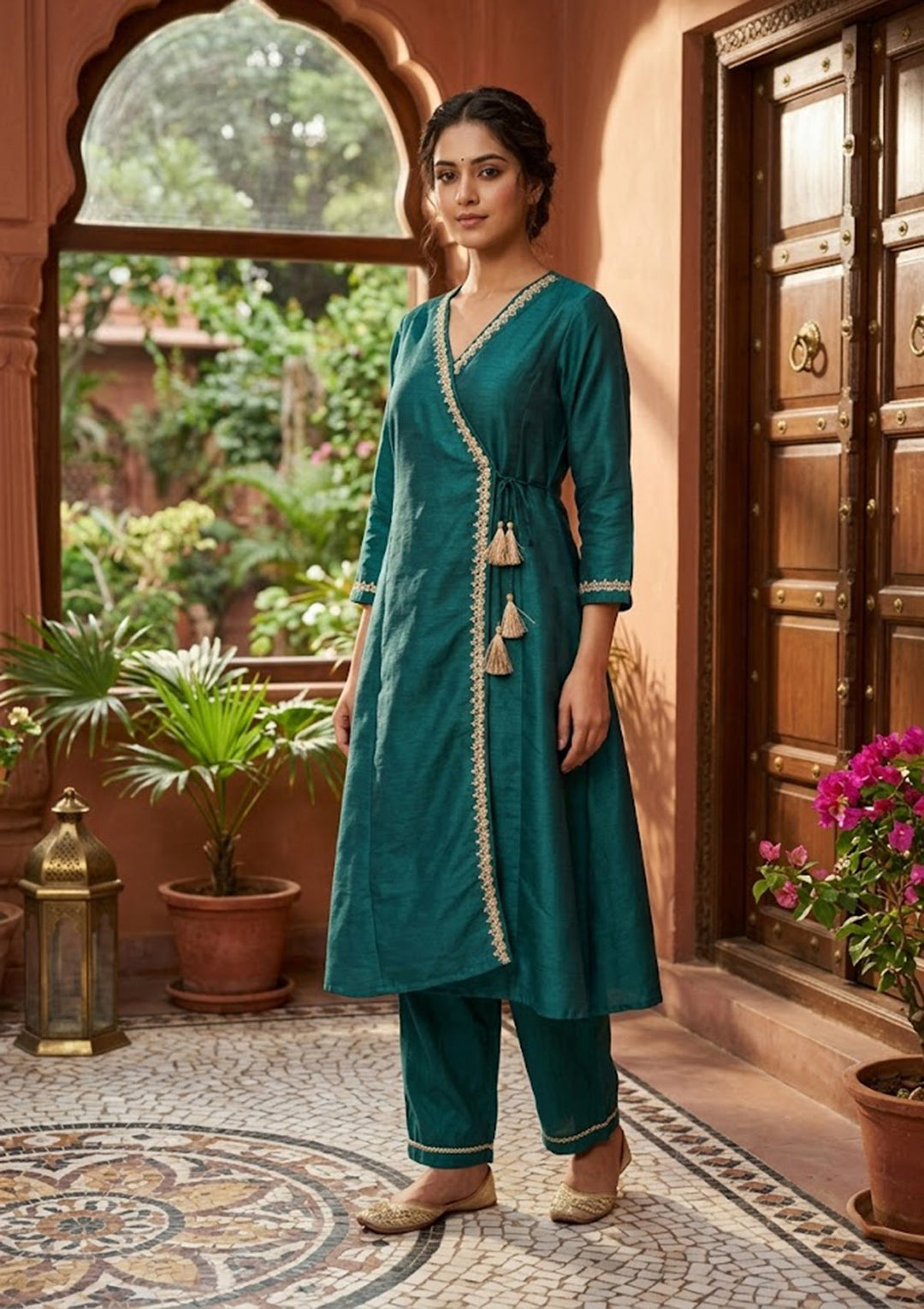 Bottle Green Cording Art Silk Readymade Salwar Suit