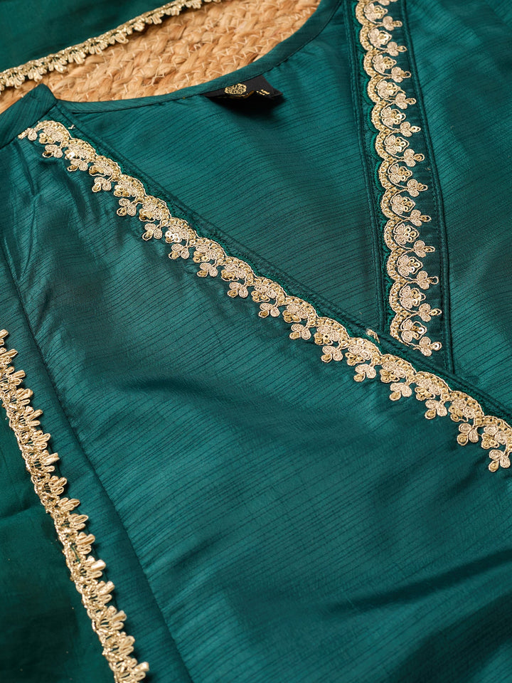 Bottle Green Art Silk Cording A Line Kurta With Pant Regular And Dupatta