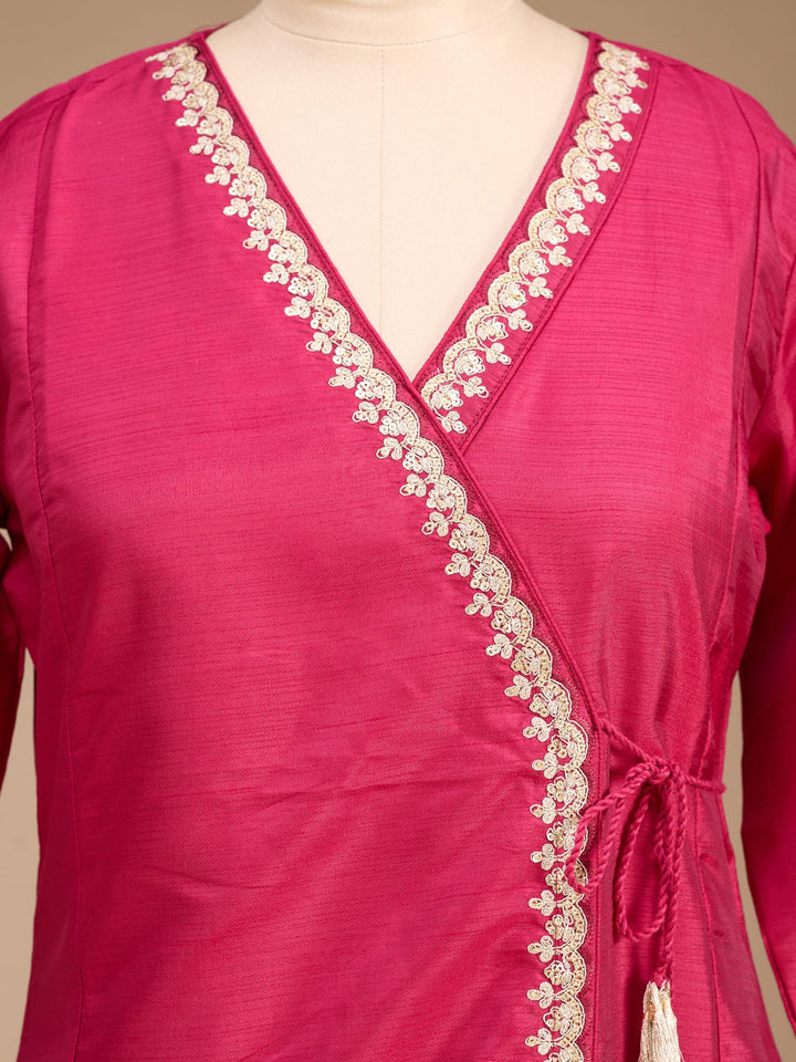 Magenta Pink Art Silk Cording A Line Kurta With Pant Regular And Dupatta