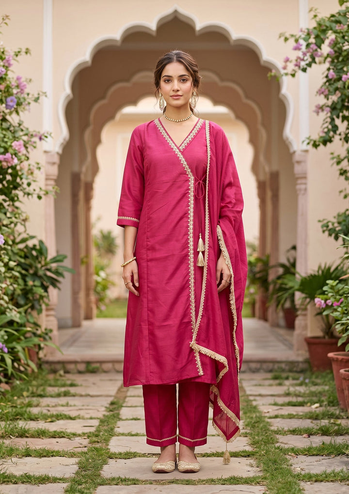 Magenta Pink Art Silk Cording A Line Kurta With Pant Regular And Dupatta