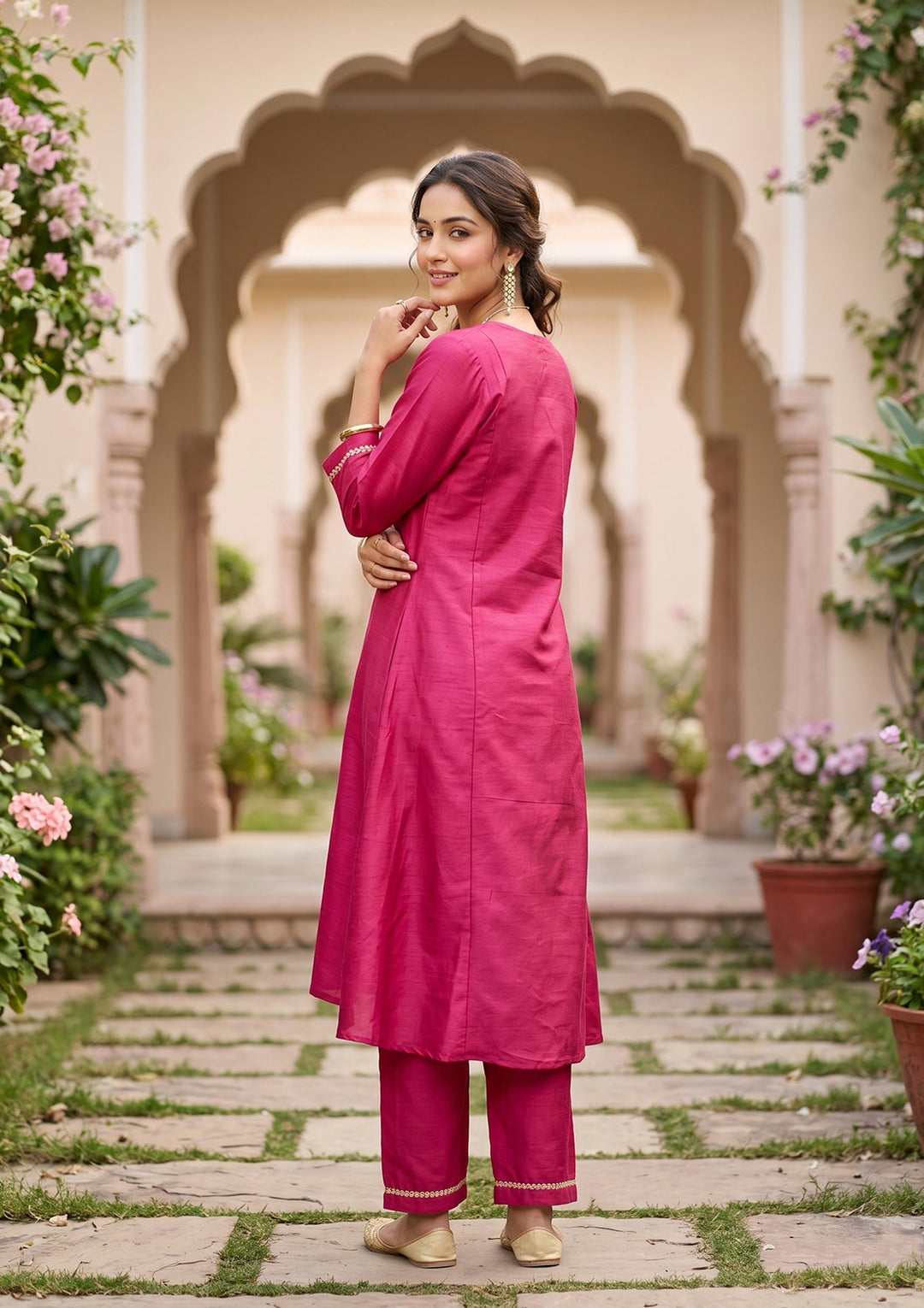 Magenta Pink Art Silk Cording A Line Kurta With Pant Regular And Dupatta