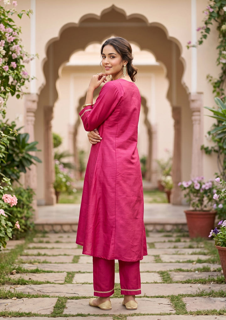 Magenta Pink Art Silk Cording A Line Kurta With Pant Regular And Dupatta