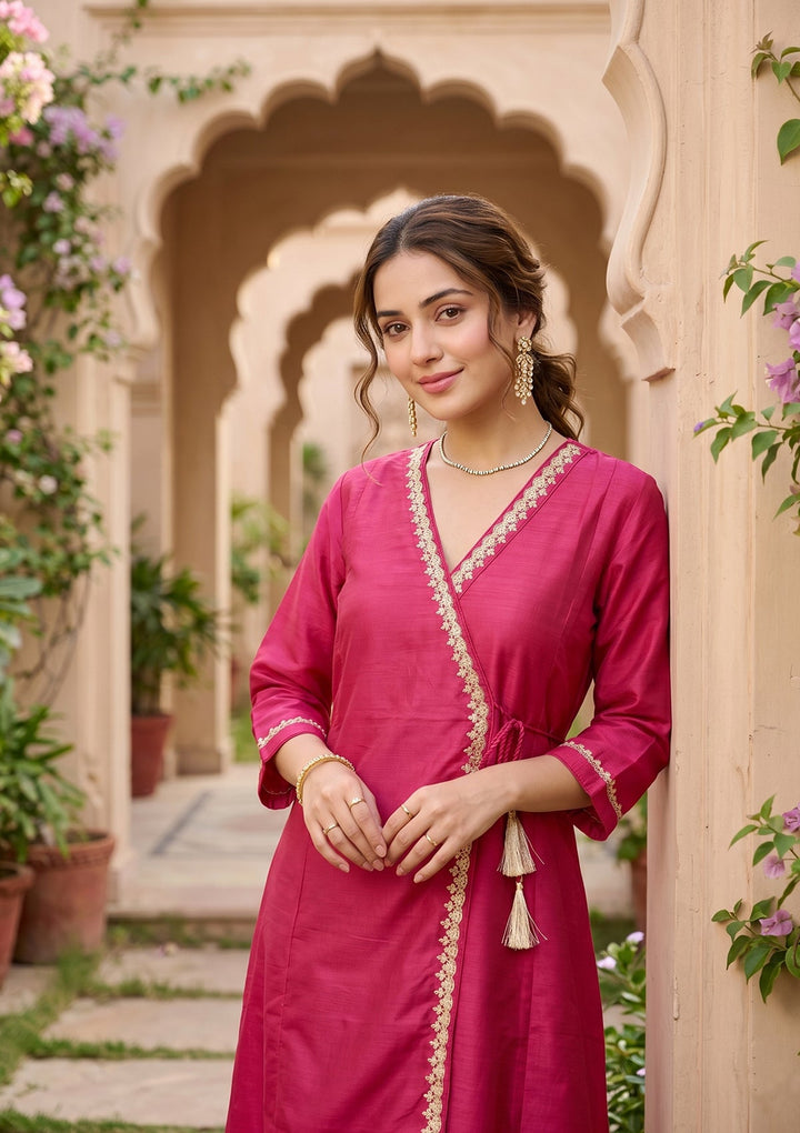 Magenta Pink Art Silk Cording A Line Kurta With Pant Regular And Dupatta