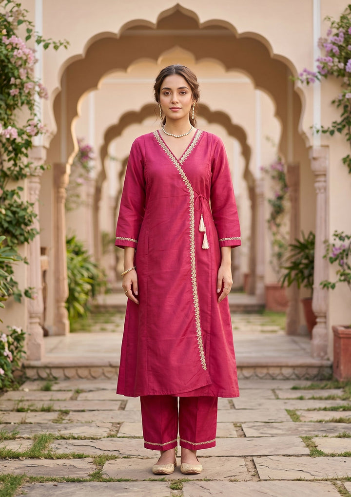 Magenta Pink Art Silk Cording A Line Kurta With Pant Regular And Dupatta