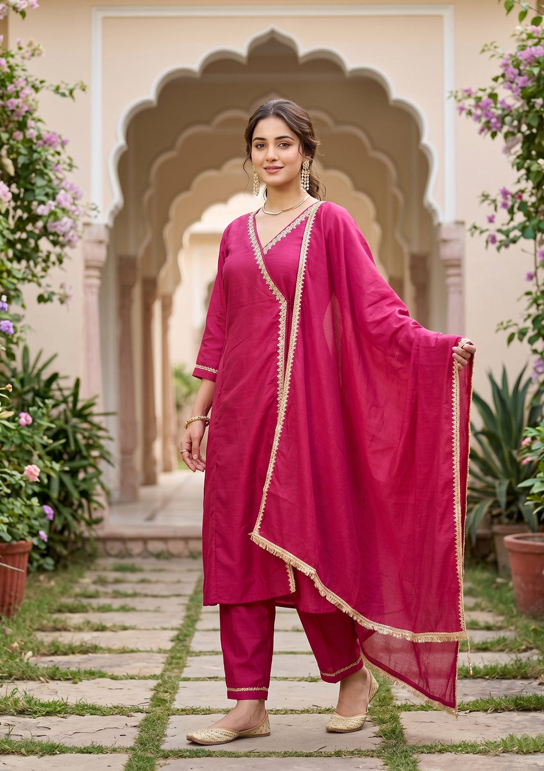 Magenta Pink Art Silk Cording A Line Kurta With Pant Regular And Dupatta
