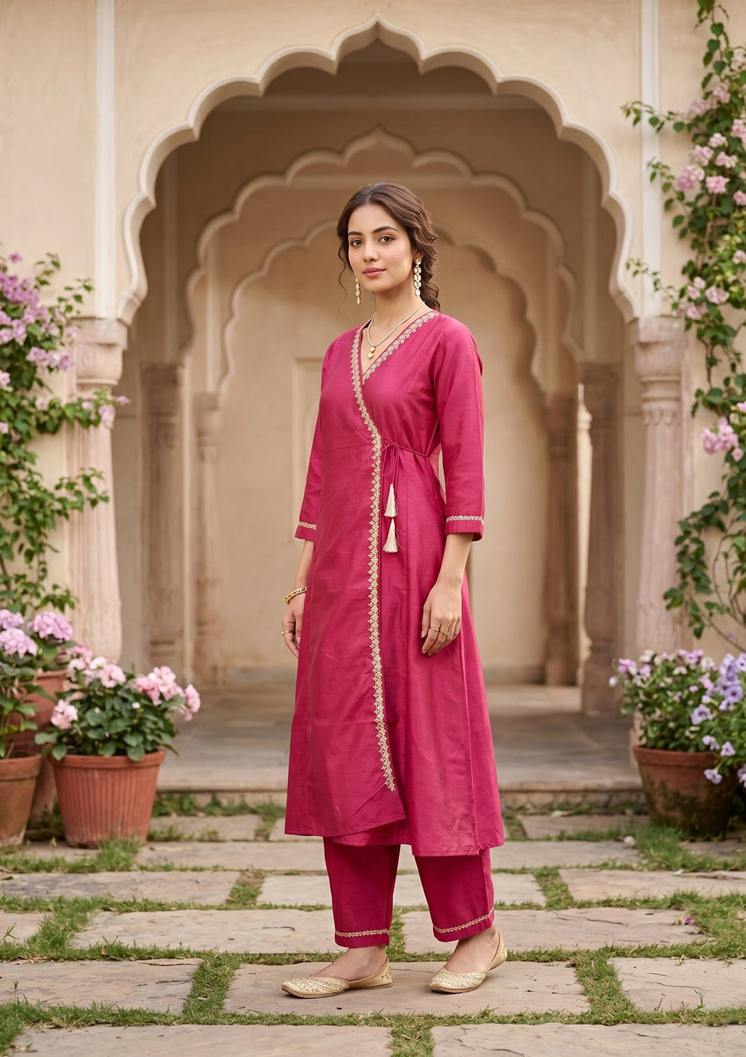 Magenta Pink Art Silk Cording A Line Kurta With Pant Regular And Dupatta