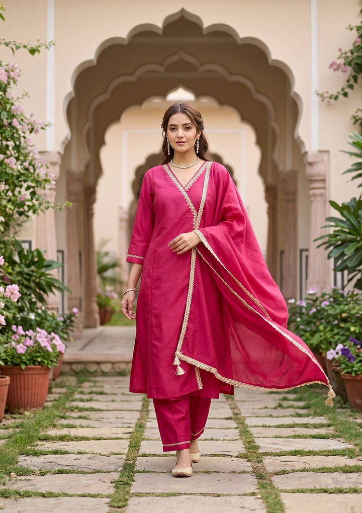 Magenta Pink Art Silk Cording A Line Kurta With Pant Regular And Dupatta