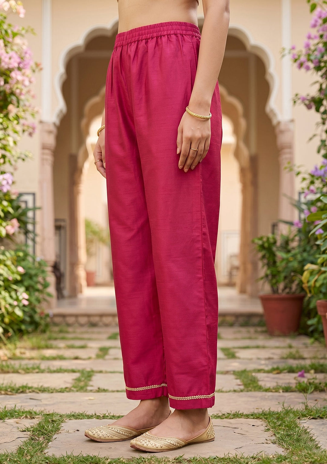 Magenta Pink Art Silk Cording A Line Kurta With Pant Regular And Dupatta