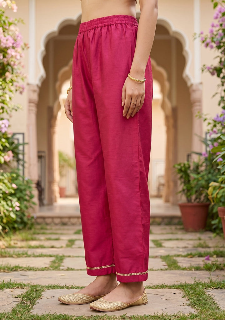 Magenta Pink Art Silk Cording A Line Kurta With Pant Regular And Dupatta