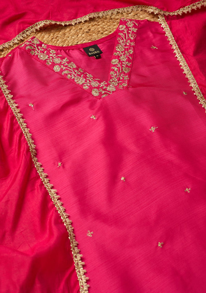 Magenta Pink Cording Art Silk Readymade Salwar Suit