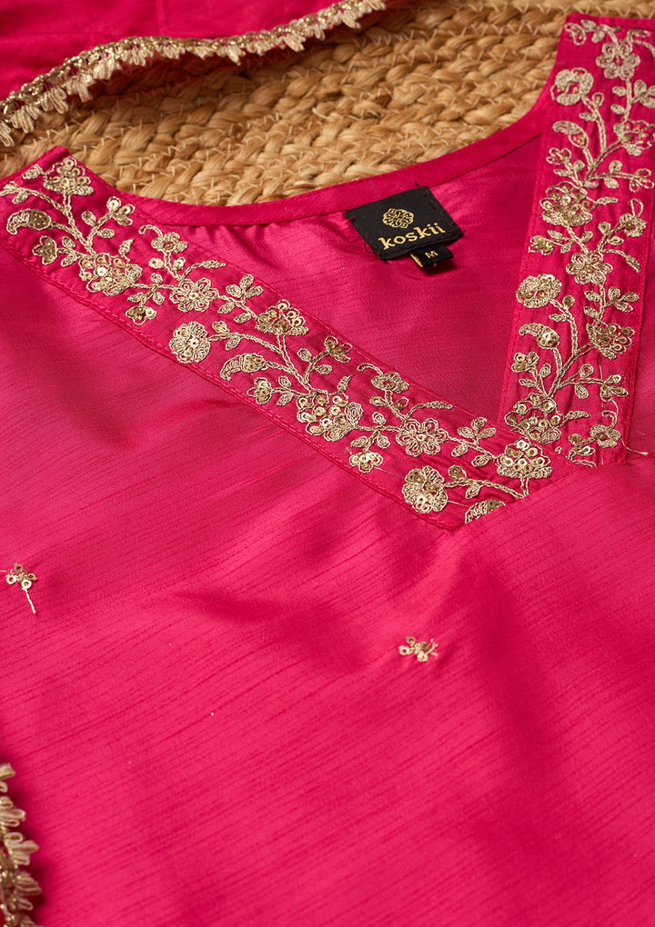 Magenta Pink Cording Art Silk Readymade Salwar Suit