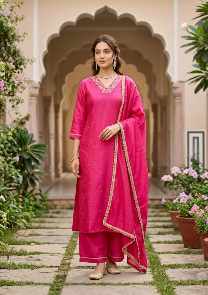 Magenta Pink Cording Art Silk Readymade Salwar Suit