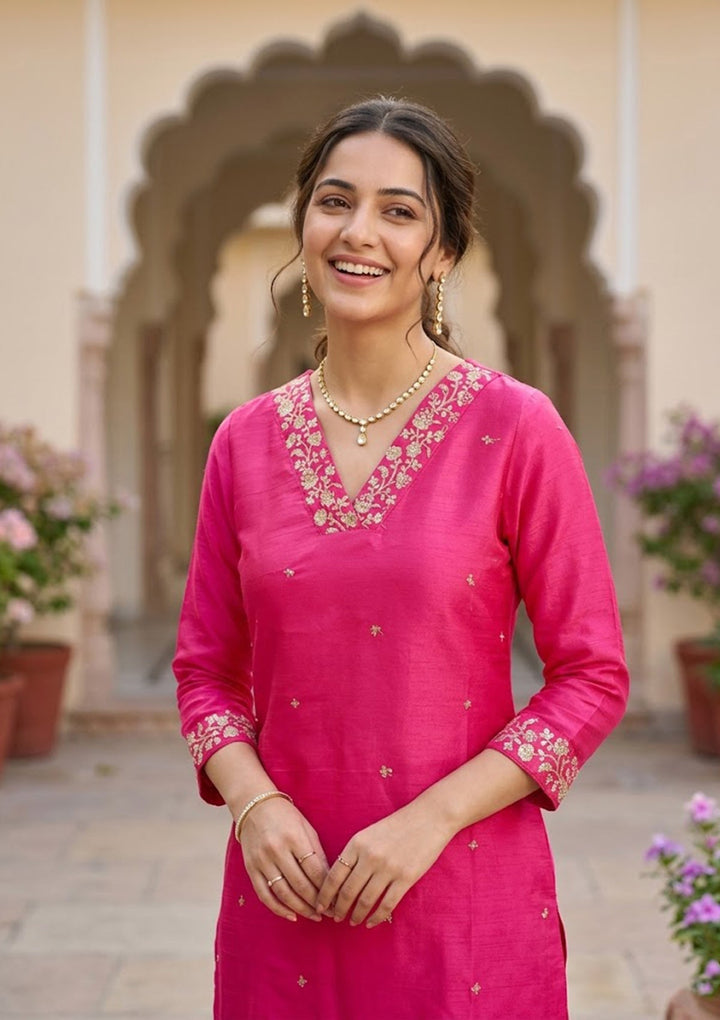 Magenta Pink Cording Art Silk Readymade Salwar Suit