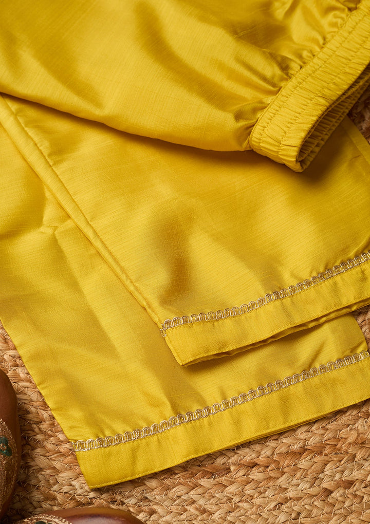 Yellow Cording Art Silk Readymade Salwar Suit