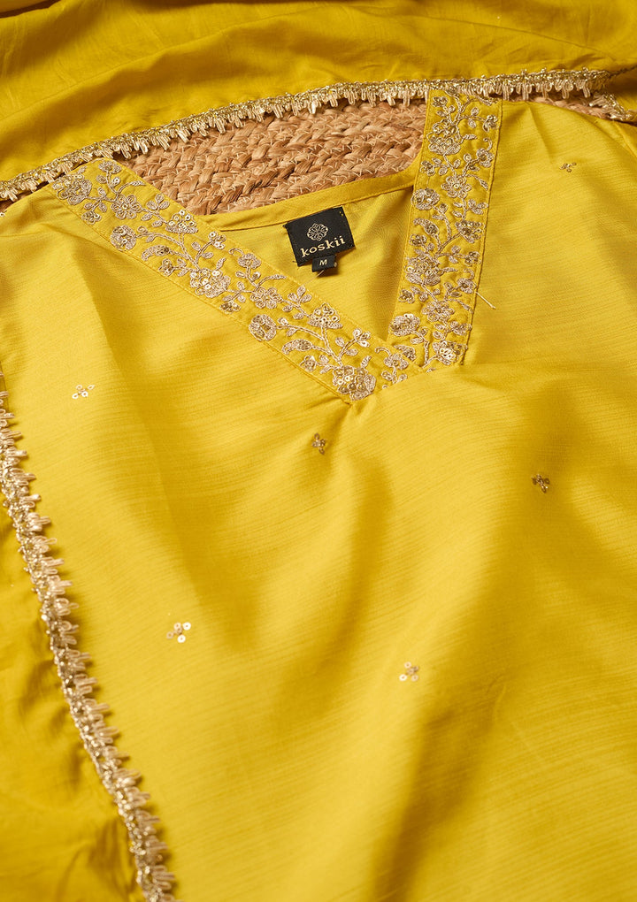 Yellow Cording Art Silk Readymade Salwar Suit