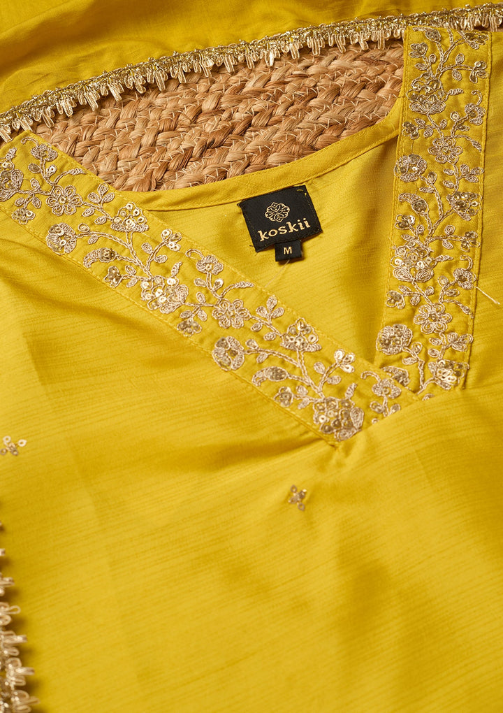 Yellow Cording Art Silk Readymade Salwar Suit