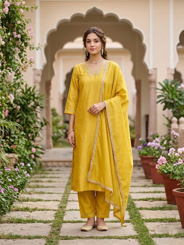 Yellow Cording Art Silk Readymade Salwar Suit
