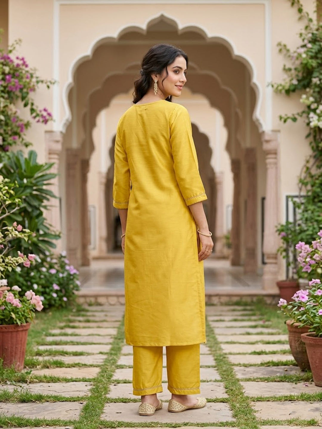 Yellow Cording Art Silk Readymade Salwar Suit