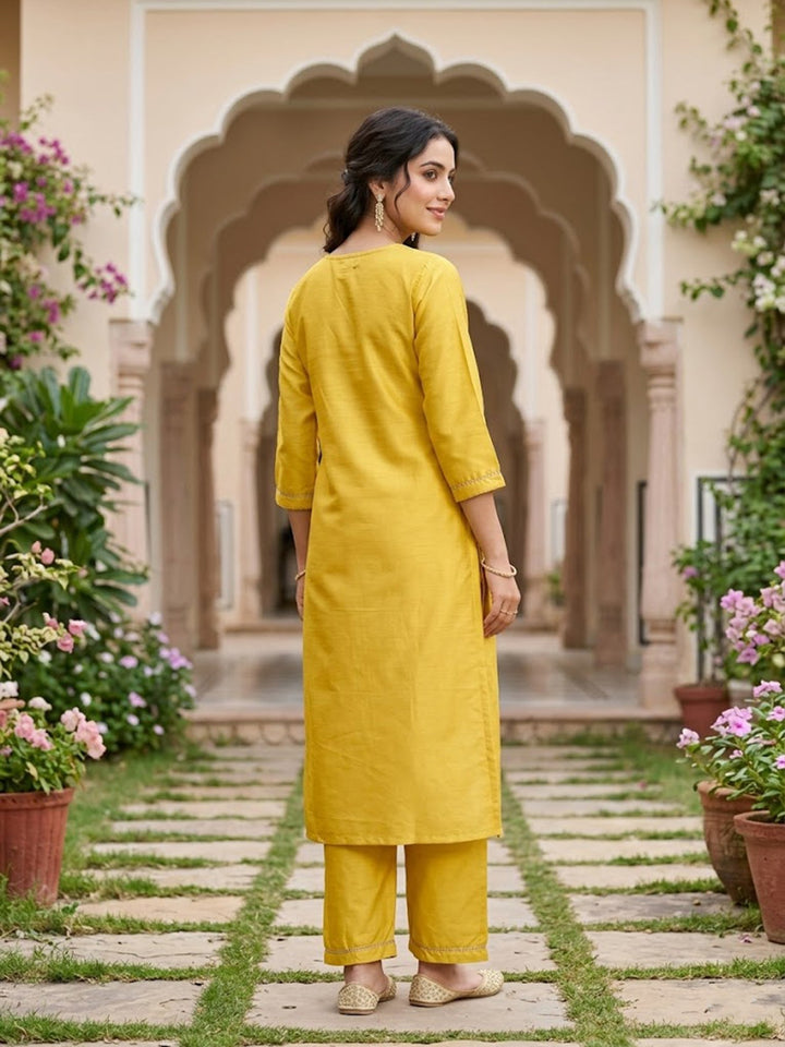 Yellow Cording Art Silk Readymade Salwar Suit