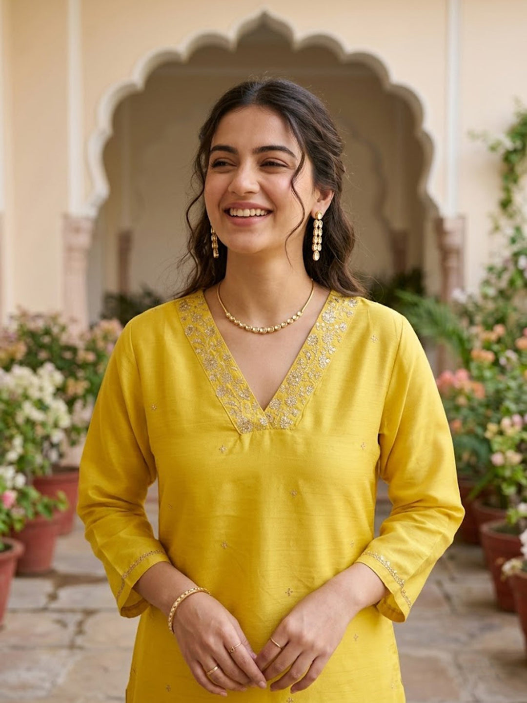 Yellow Cording Art Silk Readymade Salwar Suit