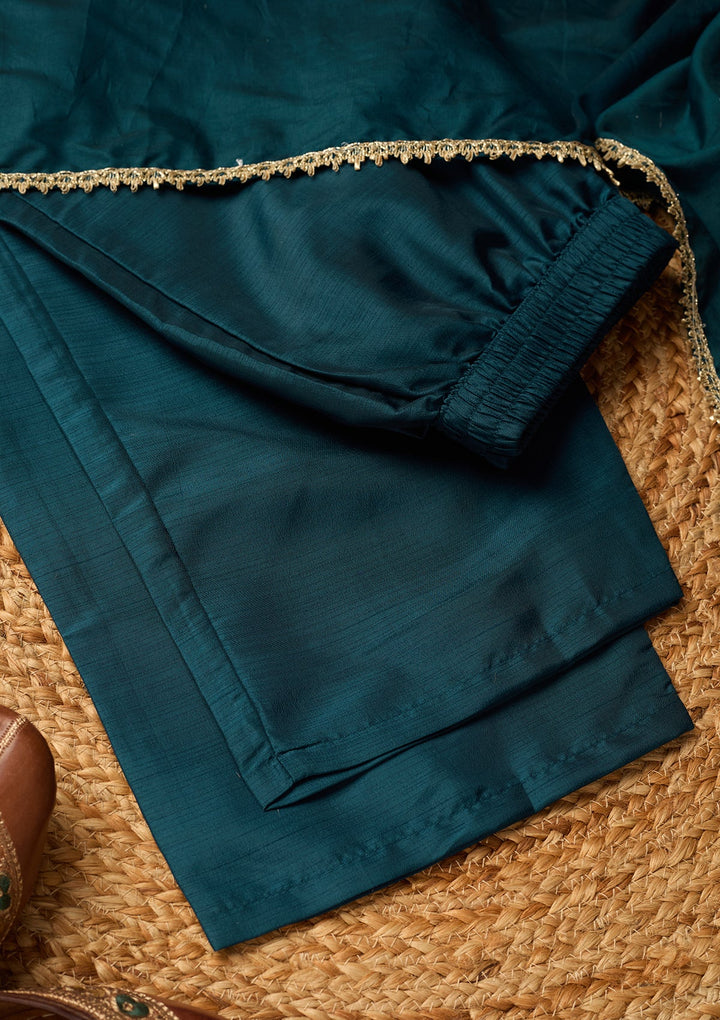 Peacock Blue Cording Art Silk Readymade Salwar Suit