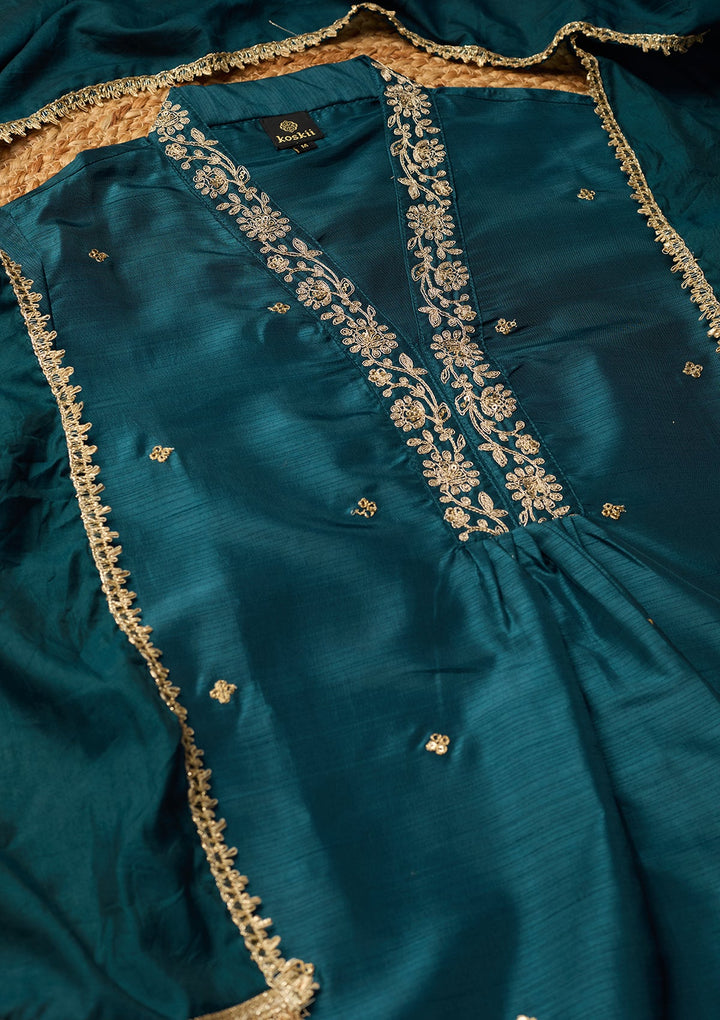 Peacock Blue Cording Art Silk Readymade Salwar Suit