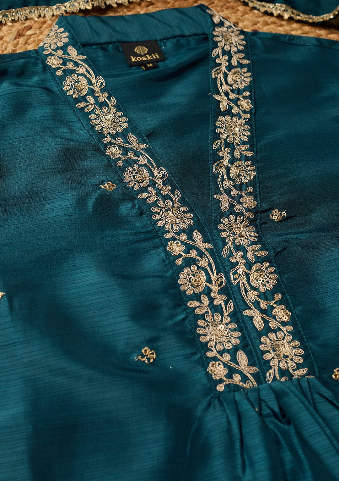 Peacock Blue Cording Art Silk Readymade Salwar Suit