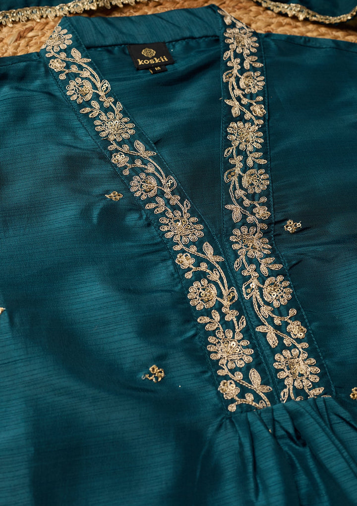 Peacock Blue Cording Art Silk Readymade Salwar Suit