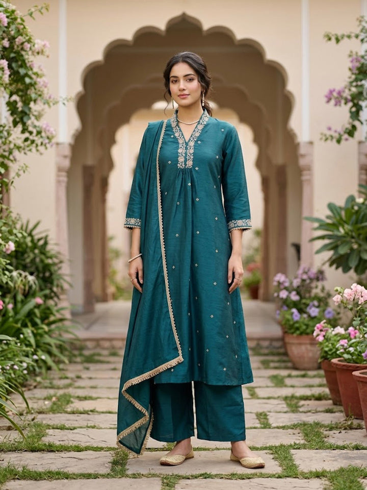 Peacock Blue Cording Art Silk Readymade Salwar Suit