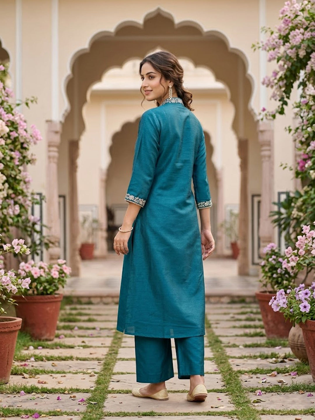 Peacock Blue Cording Art Silk Readymade Salwar Suit