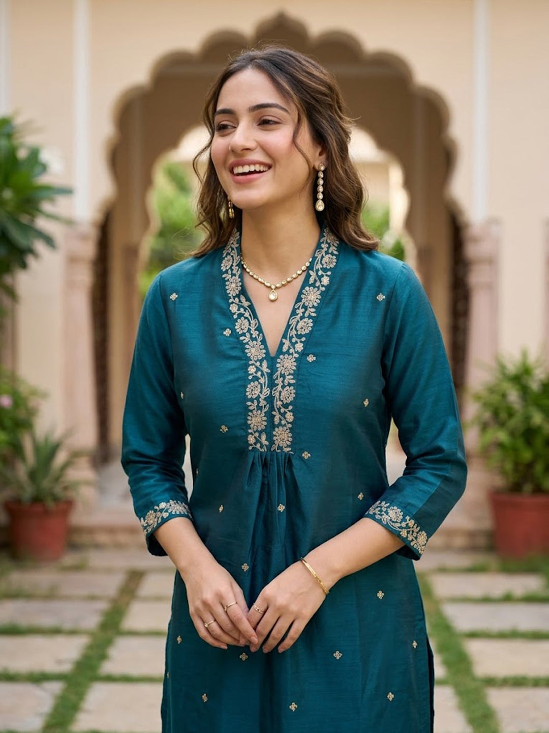Peacock Blue Cording Art Silk Readymade Salwar Suit