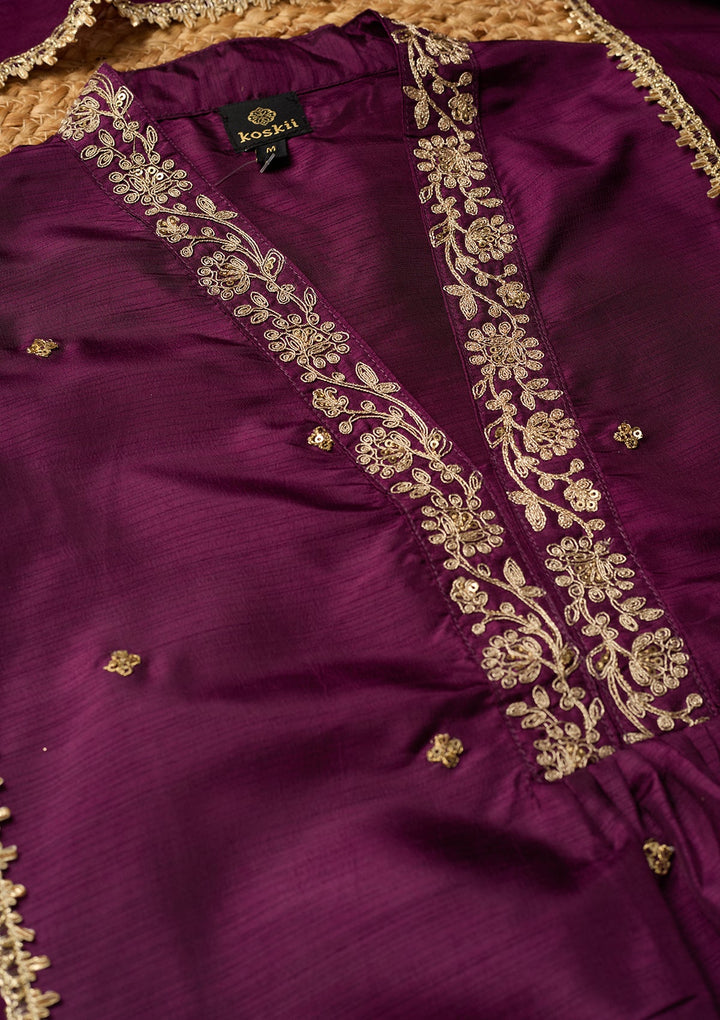 Wine Cording Art Silk Readymade Salwar Suit