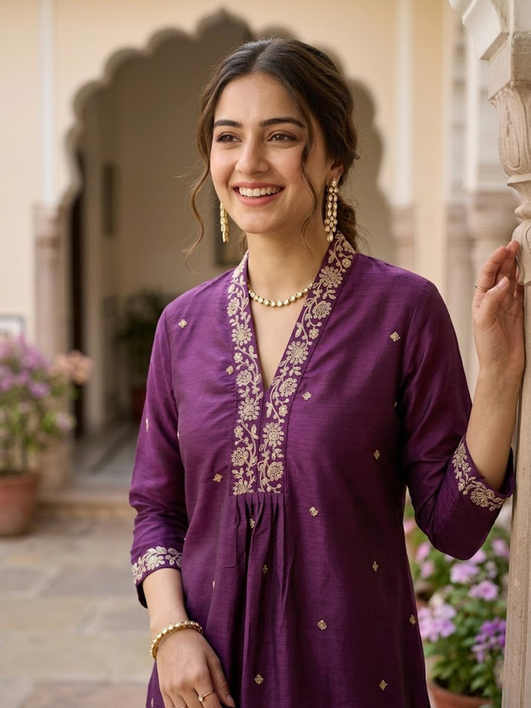 Wine Cording Art Silk Readymade Salwar Suit