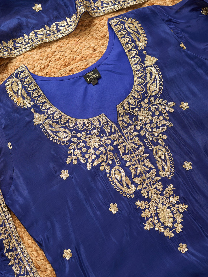 Royal Blue Sequins Crepe Readymade Salwar Suit