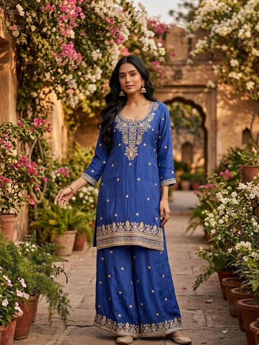 Royal Blue Sequins Crepe Readymade Salwar Suit