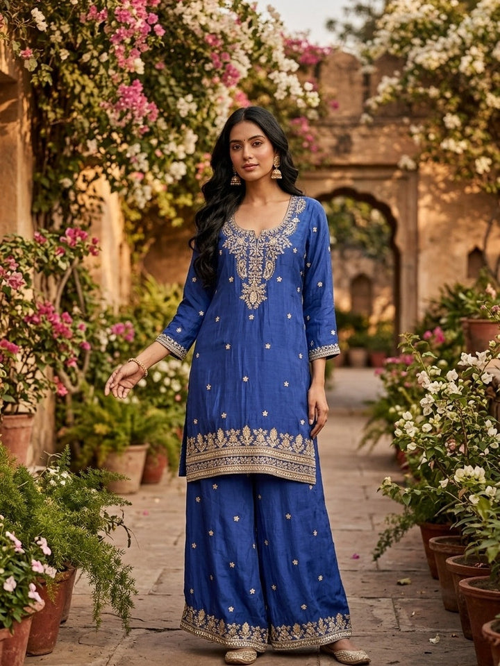 Royal Blue Sequins Crepe Readymade Salwar Suit