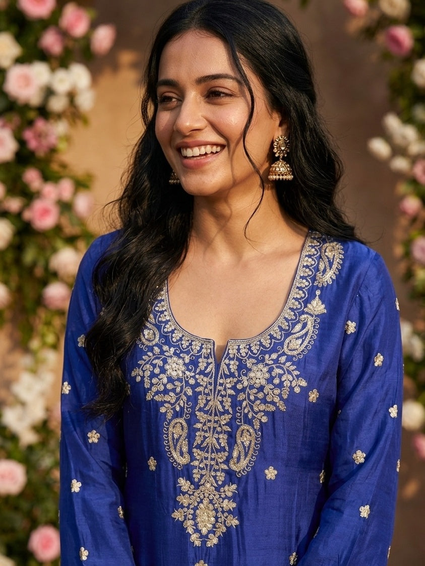 Royal Blue Sequins Crepe Readymade Salwar Suit