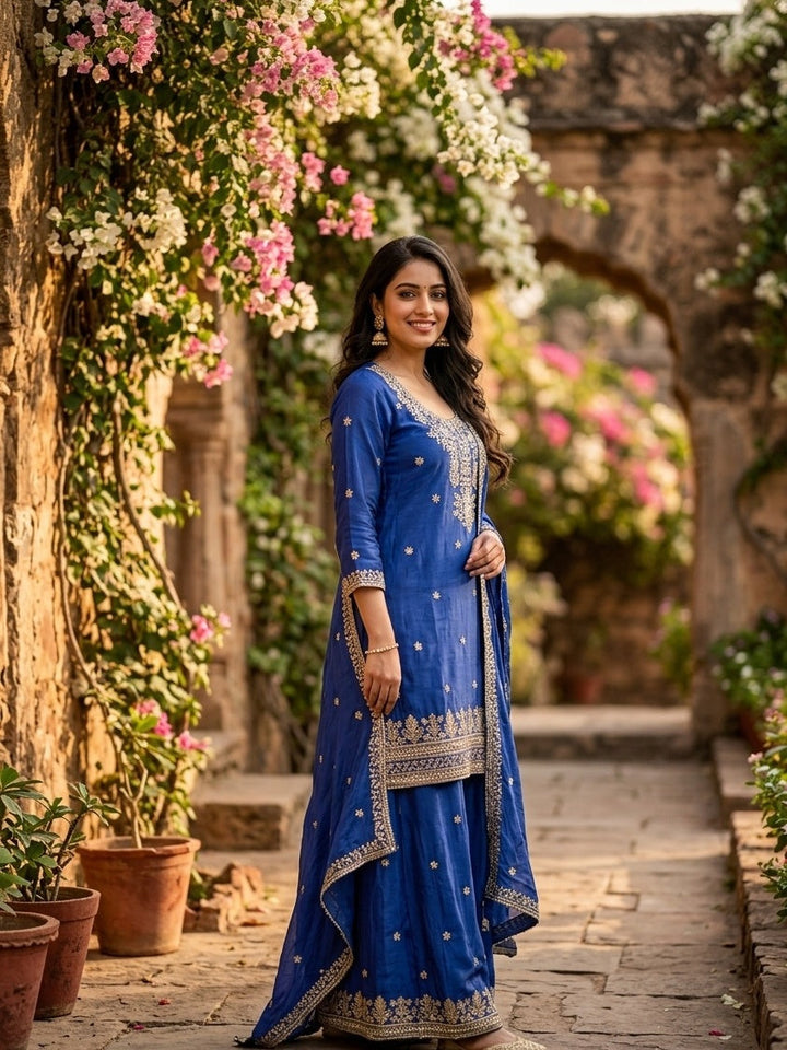 Royal Blue Sequins Crepe Readymade Salwar Suit